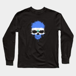 Chaotic Nicaraguan Flag Splatter Skull Long Sleeve T-Shirt